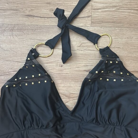 Black Jessica Simpson Swim Halter Top with Gold Accents - Picture 2 of 4